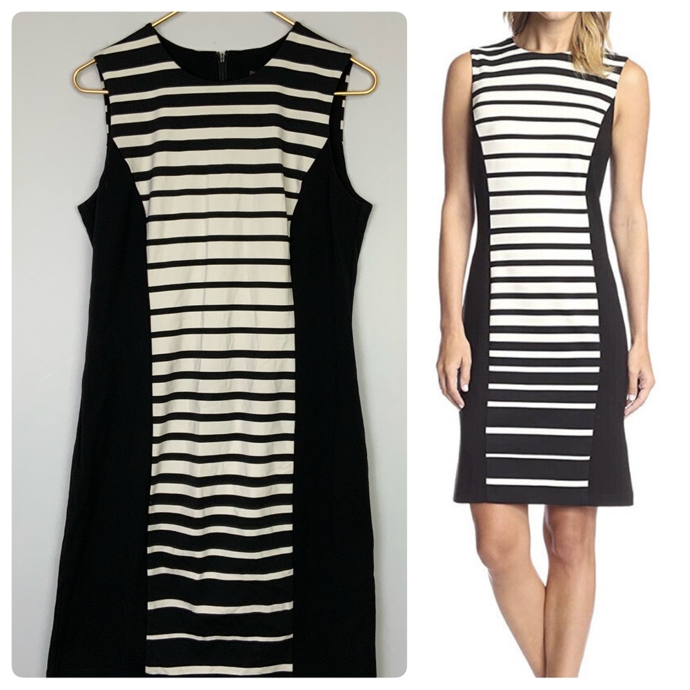 J. McLaughlin Sz Medium Black Ivory Striped Sleeveless Ponte Rayon Sheath Dress